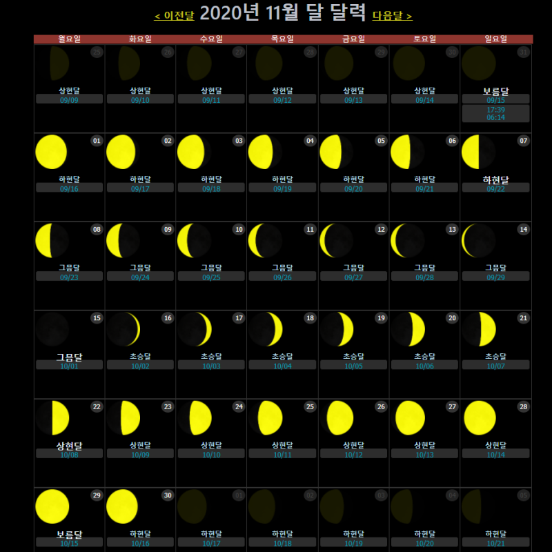 오늘 달 모양 11월 달 모양이름 달력 사이트만들기
